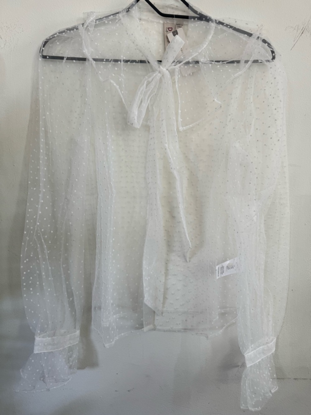 Antrhopologie White dolan Sheer White Swiss Dot Tie-Neck Blouse - Picture 2 of 5